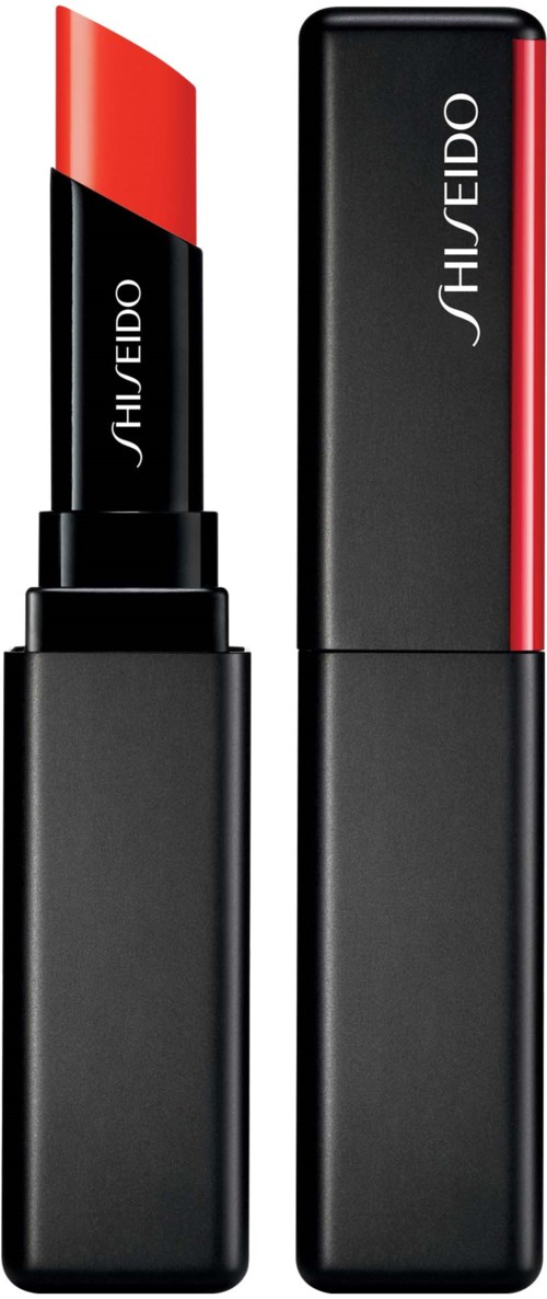 En läppstiftstubbe med svart bas och röd lipstick, med en matchande rektangulär box. Märket 'SHISEIDO' finns på båda.