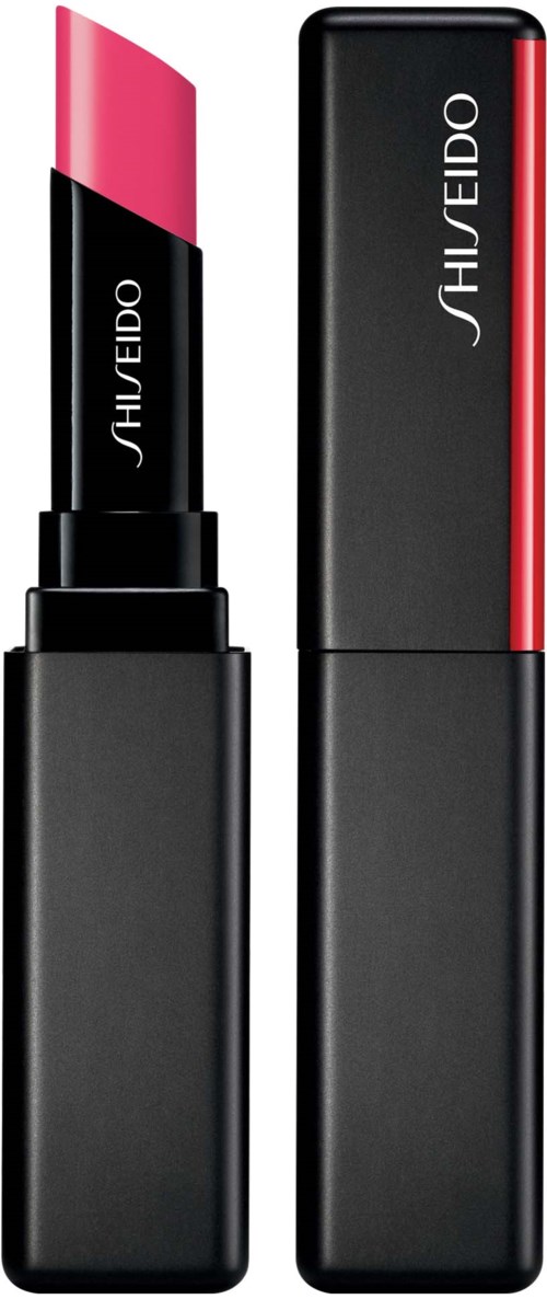 A Shiseido lipstick with a pink tip inside a black case, next to a matching black and red box.