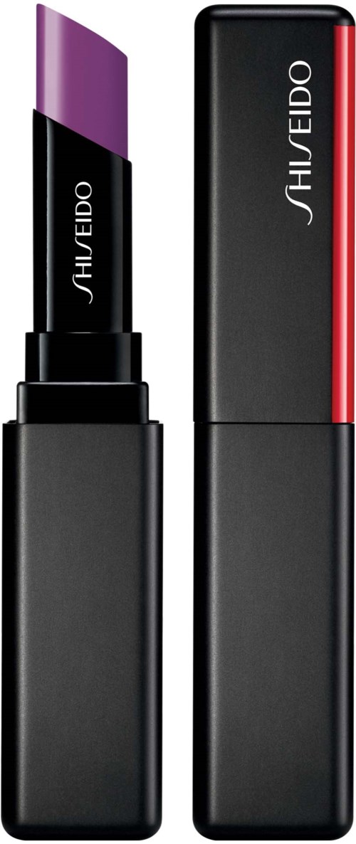 Ett läppstift med lila färg, svart och grått hölje, och en separat rektangulär förpackning.