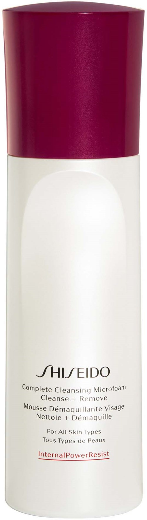 White bottle with a dark red cap, labeled as a skin cleansing foam for all skin types.