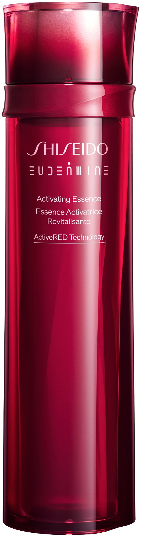 En lang, skinnende rød flaske med lokk, merket Shiseido og som beskriver hudpleiefordeler.