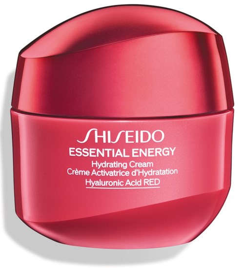 En rund röd behållare med ett glansigt lock. Det är en återfuktande kräm från Shiseido som heter Essential Energy.