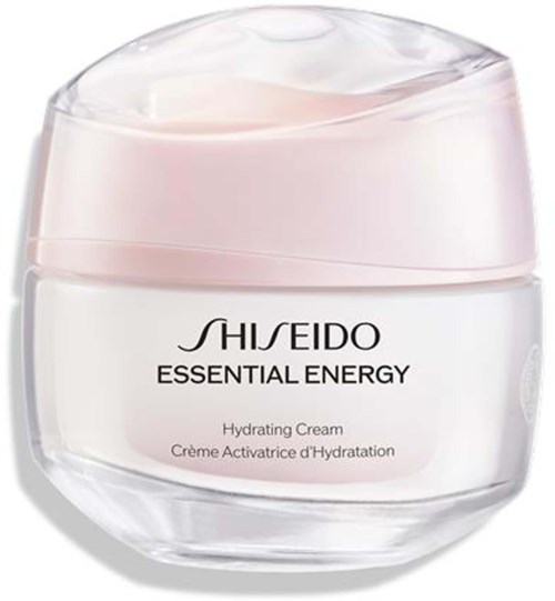 A jar of Shiseido Essential Energy Hydrating Cream with a pink lid and white container.