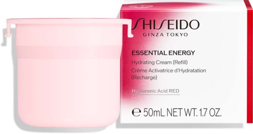 A pink container with a box, labeled as Shiseido Essential Energy Hydrating Cream, with red and white packaging.