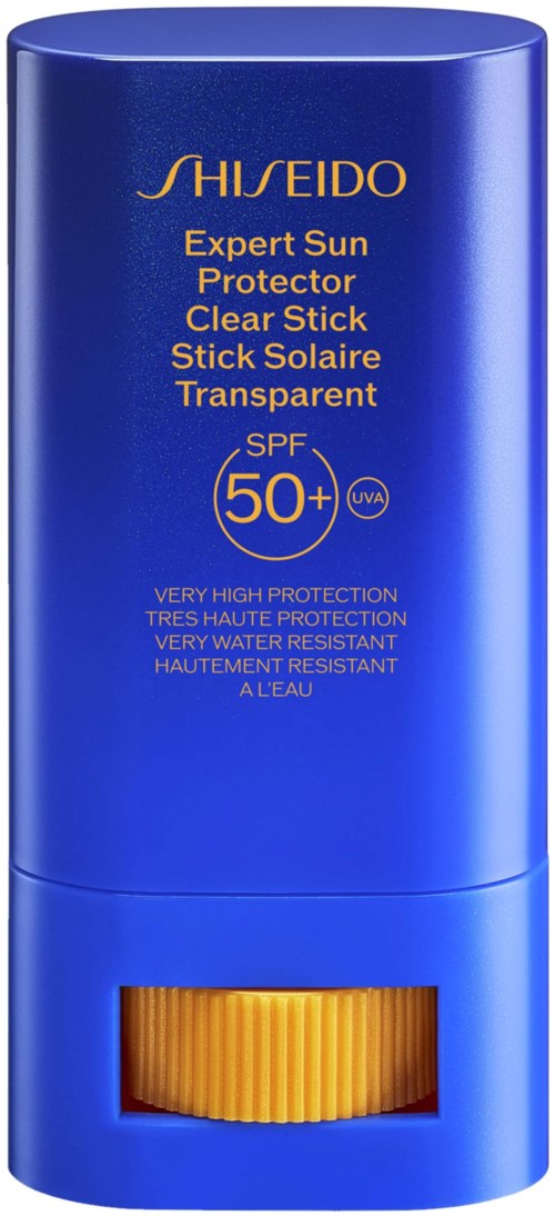 Sininen aurinkovoidepullo, jossa lukee Shiseido, SPF 50+ korkeaan auringonsuojaukseen ja vedenkestävyyteen.