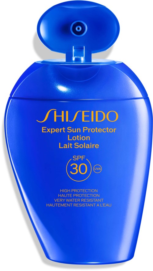Blå solskyddslotionflaska med guldfärgad text och SPF 30-märkning.