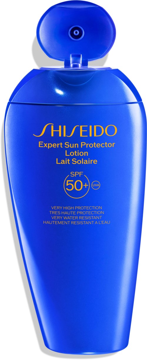 A blue bottle of Shiseido sun protection lotion with SPF 50+ and a round cap.