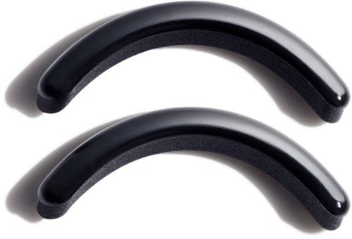 Two black, curved, soft-touch handles with a smooth, shiny surface and shadow underneath.