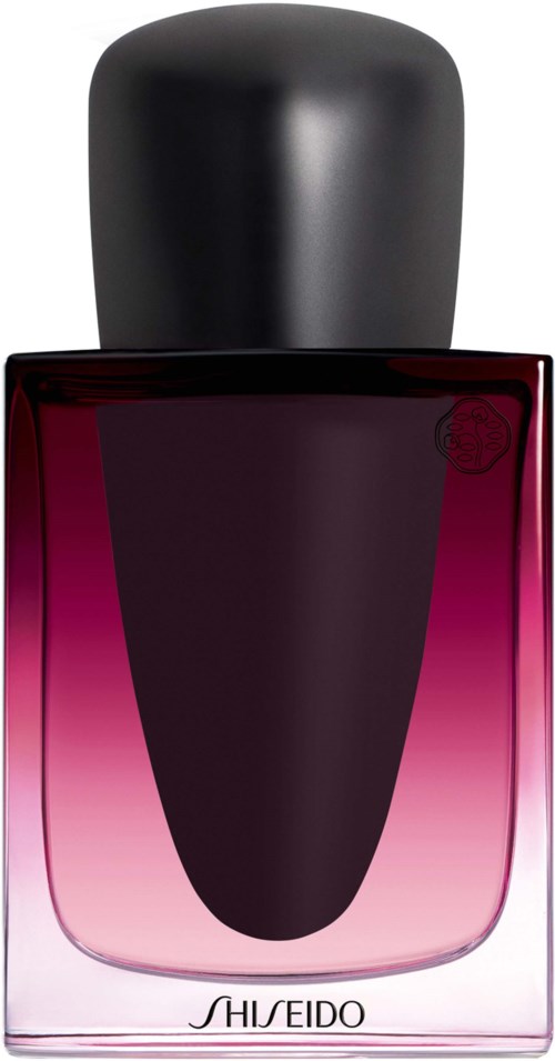 En parfyllflaska med skiftande rosa färg och svart lock, märkt Shiseido.