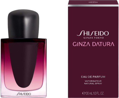 En parfyllåda och flaska i mörkrosa och svart, märkt Shiseido Ginza Datura, 30 ml.