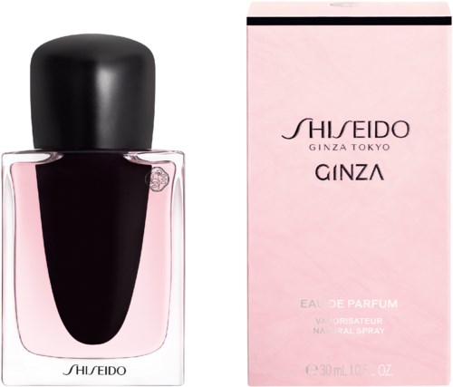 Parfyyttipullo ja vaaleanpunainen laatikko Shiseido Ginza -tuotenimellä, yksinkertainen muotoilu ja musta korkki.
