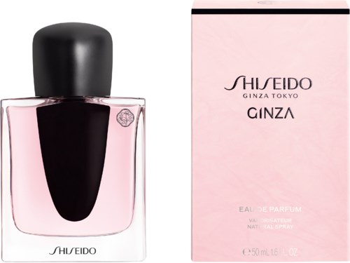 Hajuvesipullo ja rasia, vaaleanpunainen ja musta, tekstit SHISEIDO ja GINZA.