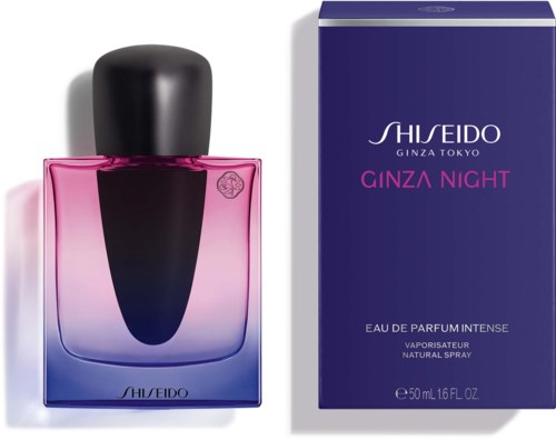 En parfymflaska har gradient från rosa till lila, svart kork och en matchande box märkt 'Ginza Night' av Shiseido.
