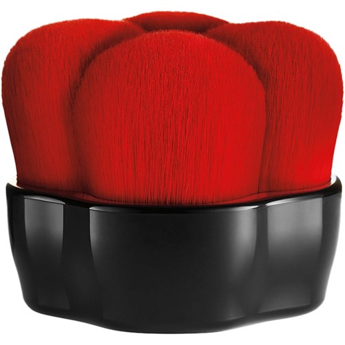 A red, fluffy makeup brush with a black handle and base.