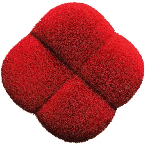 A red, soft, plush cushion with a round, furry appearance and four distinct sections.