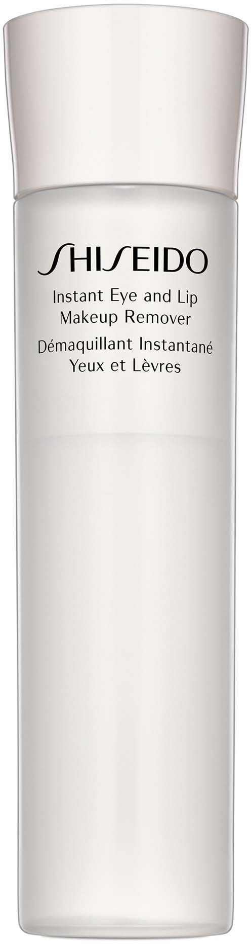 A white cylindrical bottle with a cap, labeled Shiseido Instant Eye and Lip Makeup Remover.
