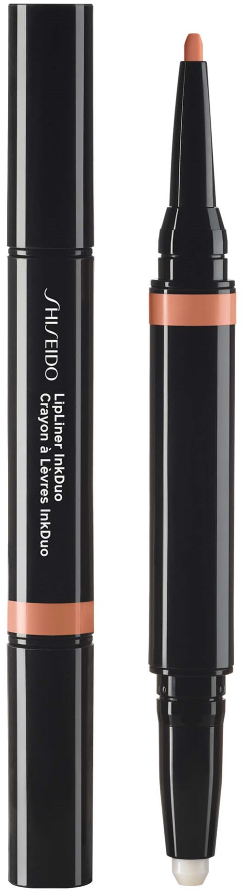 En svart ögonbrynspenna med två ändar, en med lock och en med spoolie, märkt Shu Uemura.