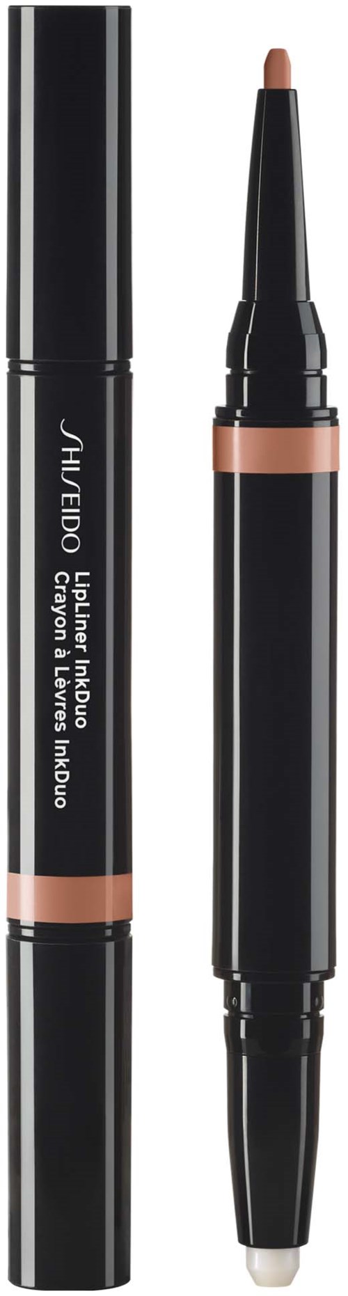 En svart penne-liknande enhet med beige linje, märkt "Shiseido" och "Lipliner Ink" för läppsminkning.