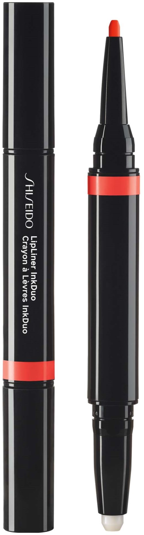 En svart penneliknande produkt med lock, märkt 'Shiseido' och 'Lipstick.' Den har en korallfärgad spets och band.