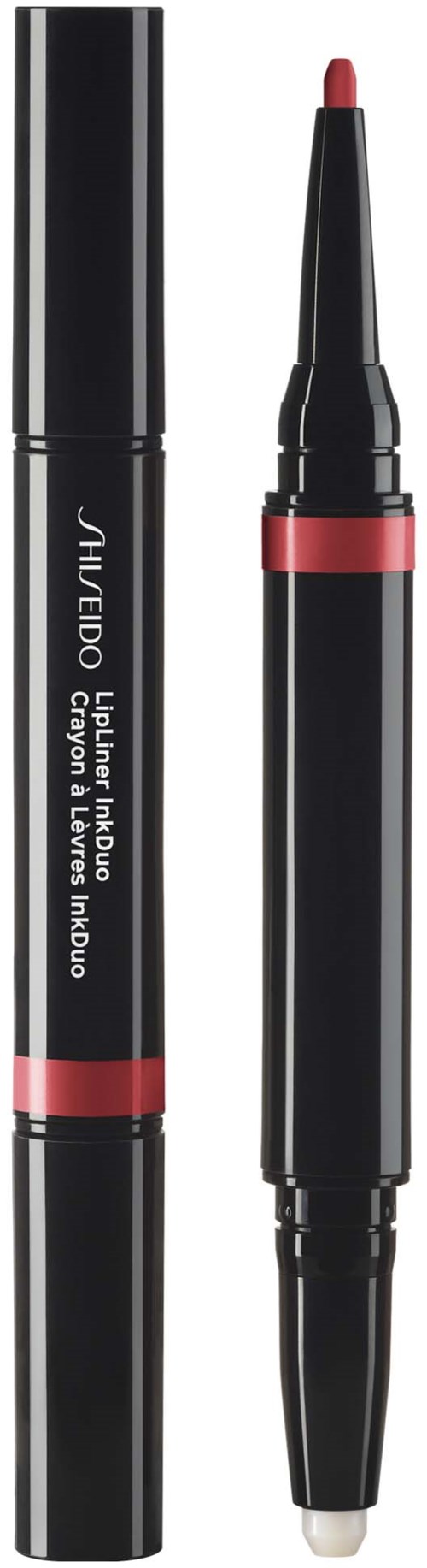 En svart penna med en rosa ring, markerad med vitt text, och ett lock, sannolikt ett läpp- eller ögonmakeupprodukt.