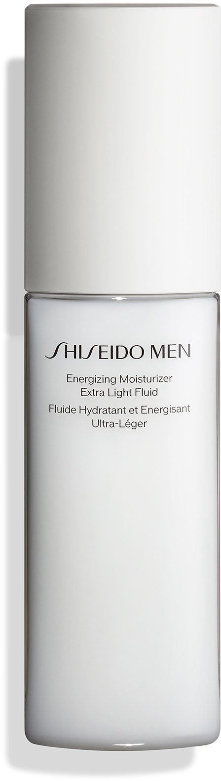 Eine weiße zylindrische Flasche mit Beschriftung für Männerpflege, Feuchtigkeitscreme und leichtes Fluid.