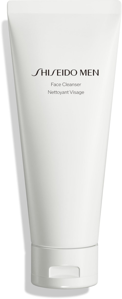 Een witte tube met de tekst 'SHISEIDO MEN Face Cleanser' en een klepdeksel.
