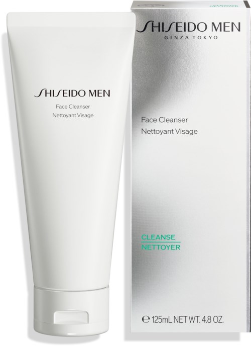 Witte tube van Shiseido Men gezichtsreiniger naast de doos, met tekst en een kleine flipcap.