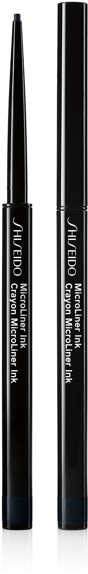 Two black makeup eyeliner pens with pointed tips and caps, labeled Shiseido. They stand vertically against a dark background.