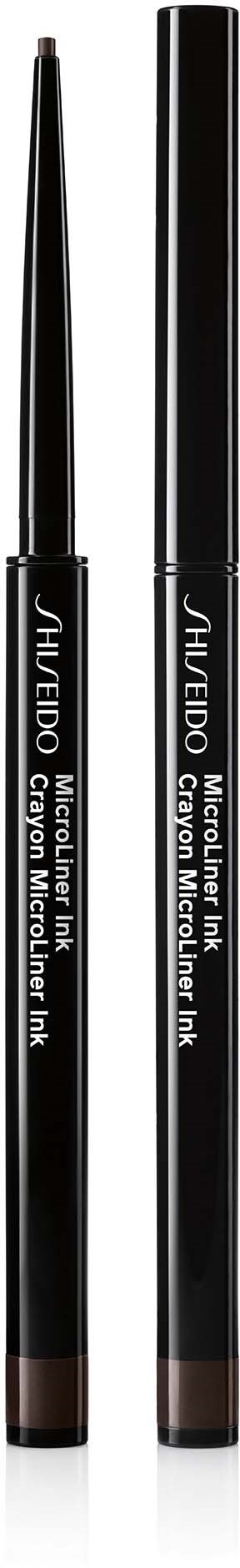 Two black liquid eyeliner pencils, one with a fine tip and the other with a thicker tip, labeled Shiseido.