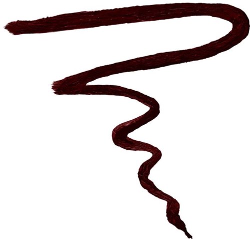 A dark red, curly, brush stroke line on a white background.