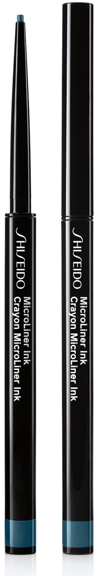 Two eyeliner pencils, one with the cap on and one with the cap off. They are black with blue tips.
