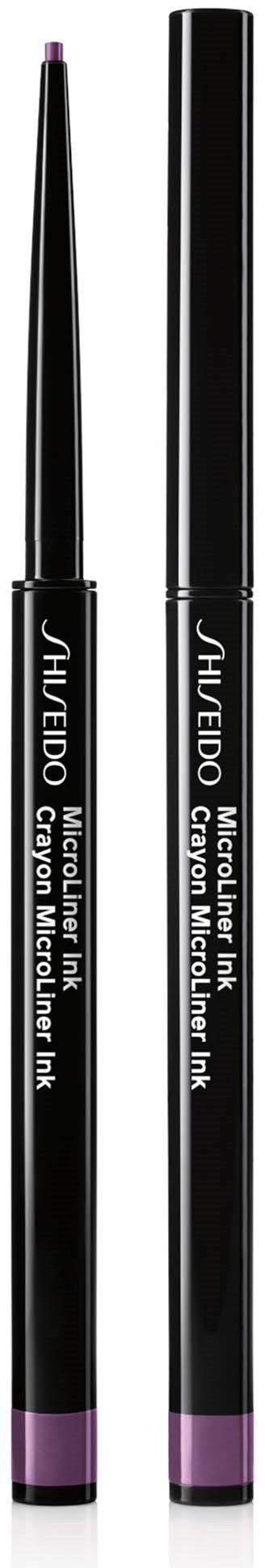 Two black brow pencils with pink tips, labeled Shiseido, are shown vertically against a black background.