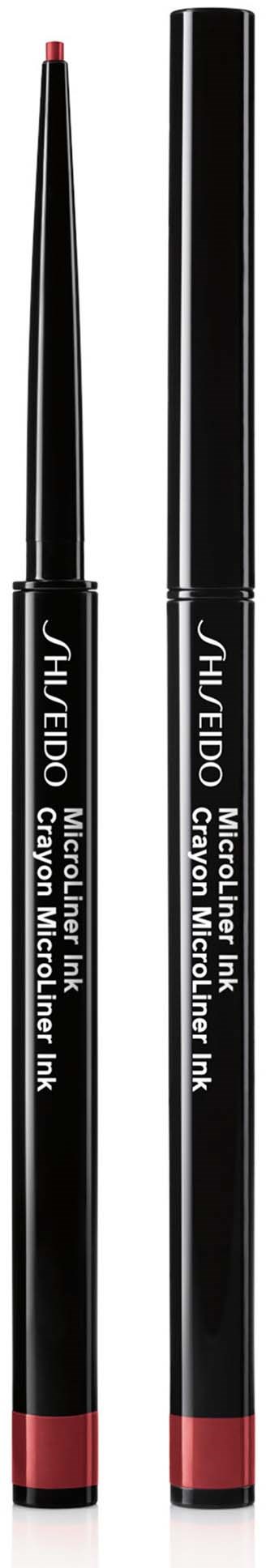 Två svarta och röda eyeliners från Shiseido med appplikatorborstar och lock.