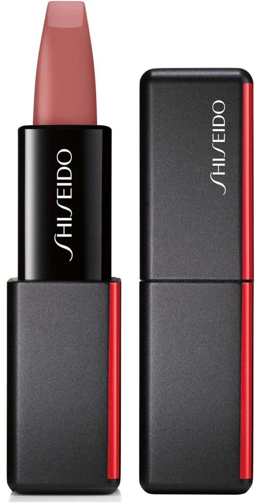 A lipstick with a black and red case, showing the lipstick extended and the case closed.