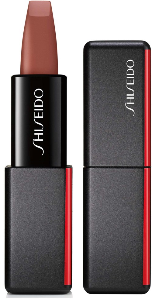 Ett läppstift med avskalat lock, visar det bruna läppstiftet, och ett svart hölje med röda detaljer.