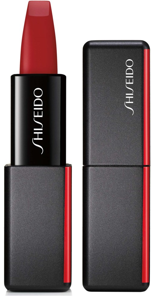 A lipstick with a black holder, red lipstick, and the brand name 'Shiseido' on it.