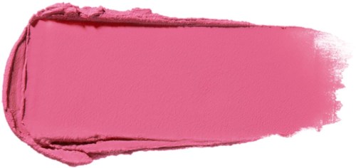 Ett stort, rosa, smutsigt läppstiftsmärke med ojämna kanter på en vit bakgrund.