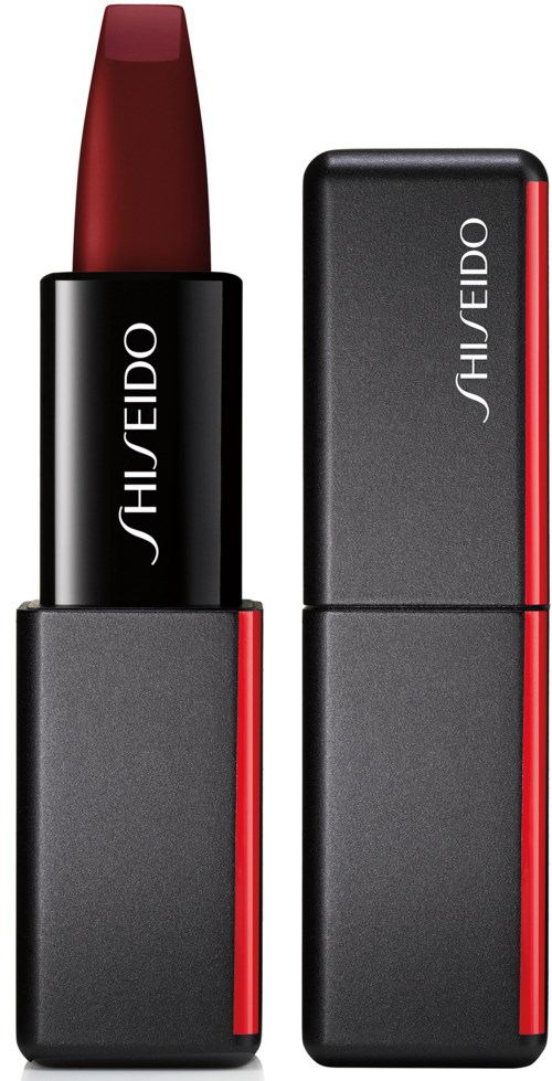 Det här är ett läppstift i ett svart och grått hölje med en röd nyans. Märket är SHISEIDO.