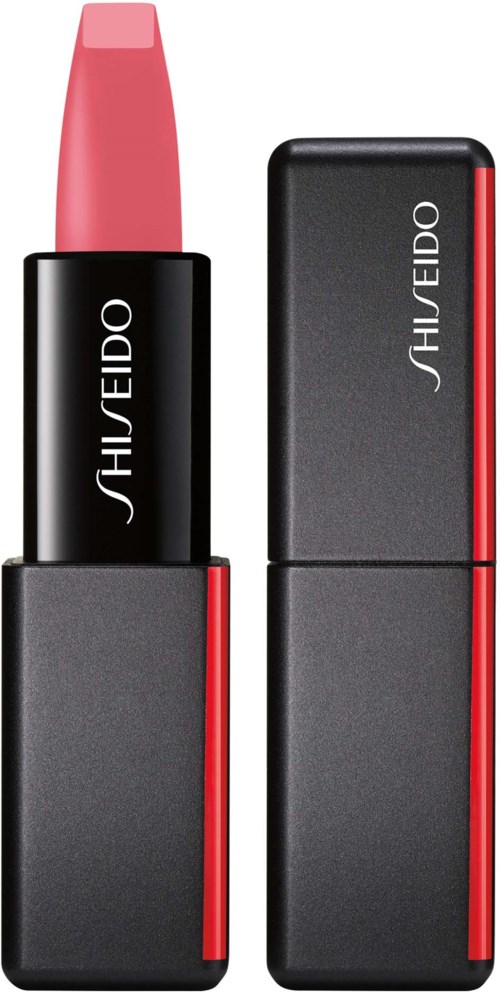 Ett rosa läppstift i ett svart- och grått fodral med röda detaljer, märkt SHISEIDO.