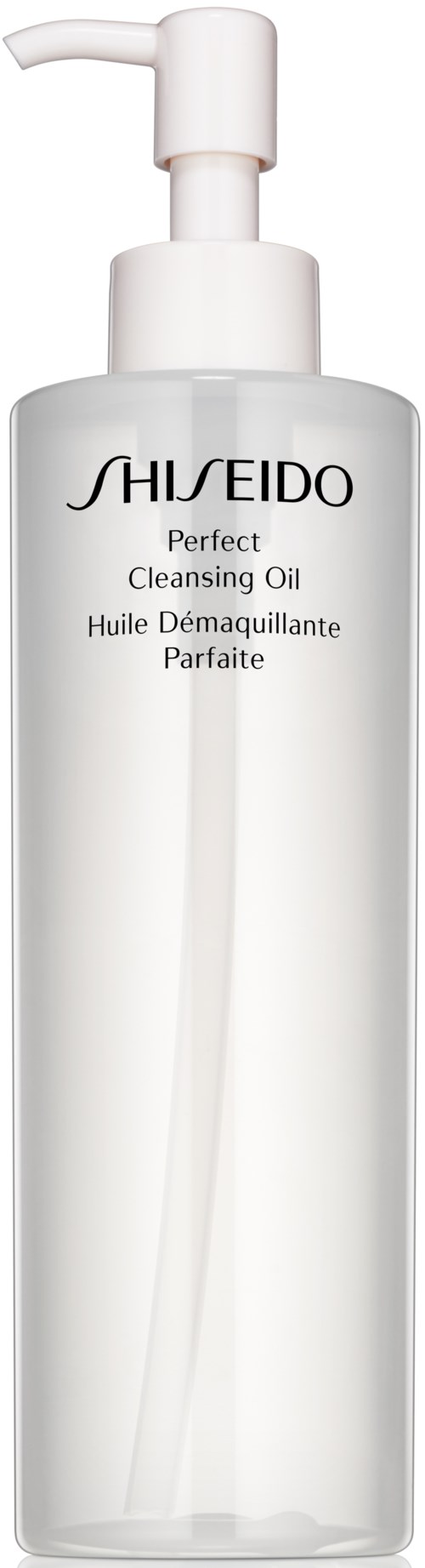 Shiseido Perfect Cleansing Oil-flaska med pump, tydlig och vit design.