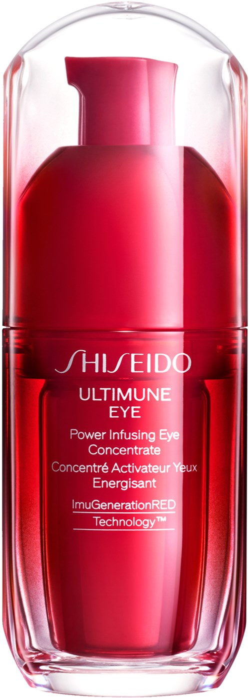 Röd flaska med Shiseido Ultimune Eye Power Infusing Eye Concentrate och tydligt lock.