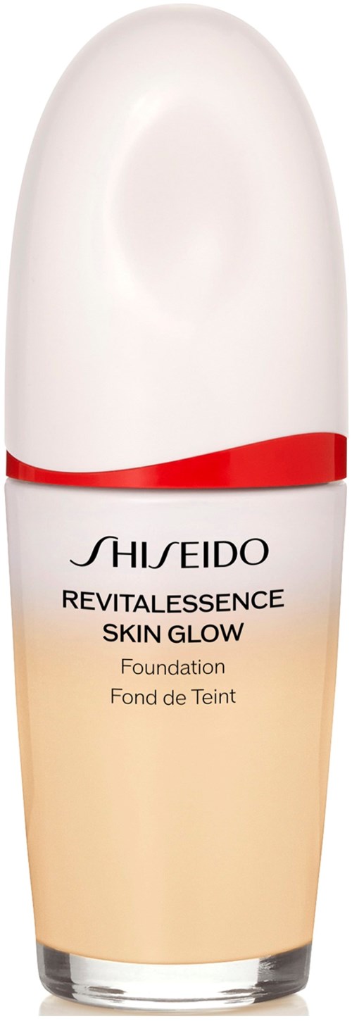 Shiseido Revitalessence Skin Glow foundation bottle with a white cap and red accent.