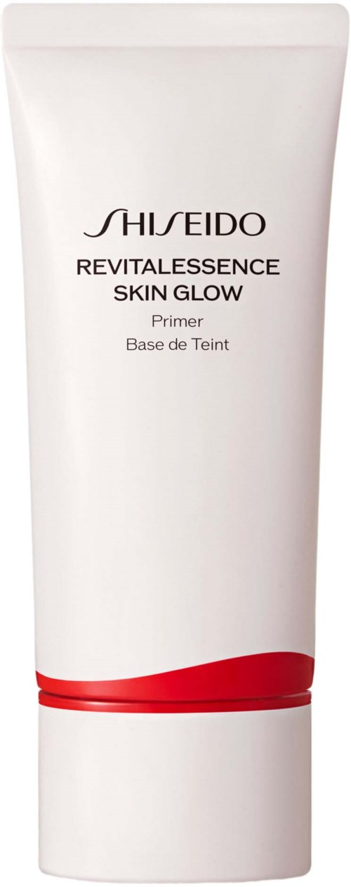 En vit tub med Shiseido Revitalessence Skin Glow Primer med en röd kurvad linje längst ned.