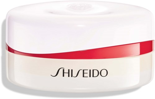 A white jar with a red stripe and the Shiseido logo on the front. Likely a skincare or cosmetic product.
