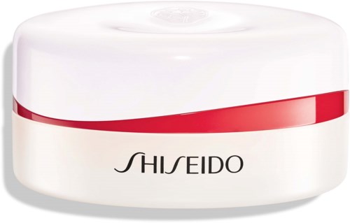 A white jar with a red band and the Shiseido logo on it, likely a skincare product.