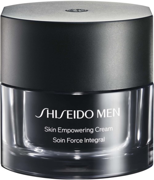 Ein schwarzer Behälter mit Silberakzenten, beschriftet Shiseido Men Skin Empowering Cream, Soin Force Integral.