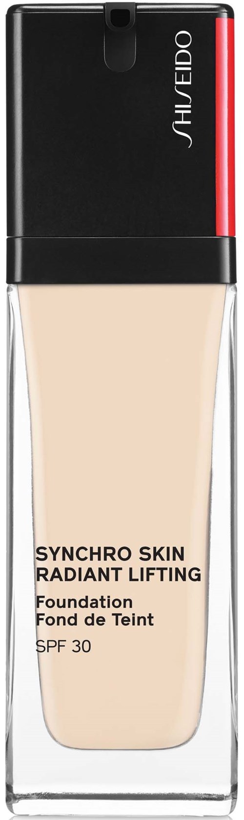 Eine Flasche Foundation mit schwarzem Deckel, beige Flüssigkeit und roten und weißen Akzenten auf dem Deckel.
