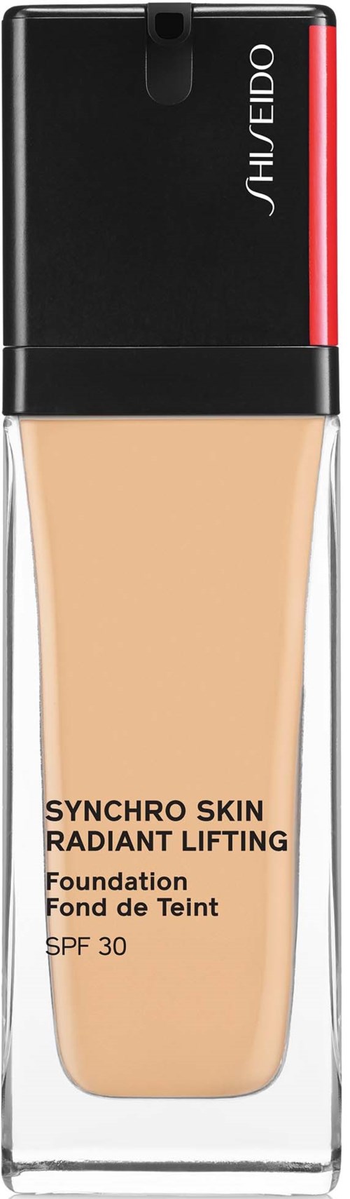 Säätiölasi, jossa on musta kansi ja läpinäkyvässä pullossa vaalean beigniä ainetta, merkintä 'Synchro Skin Radiant Lifting'.
