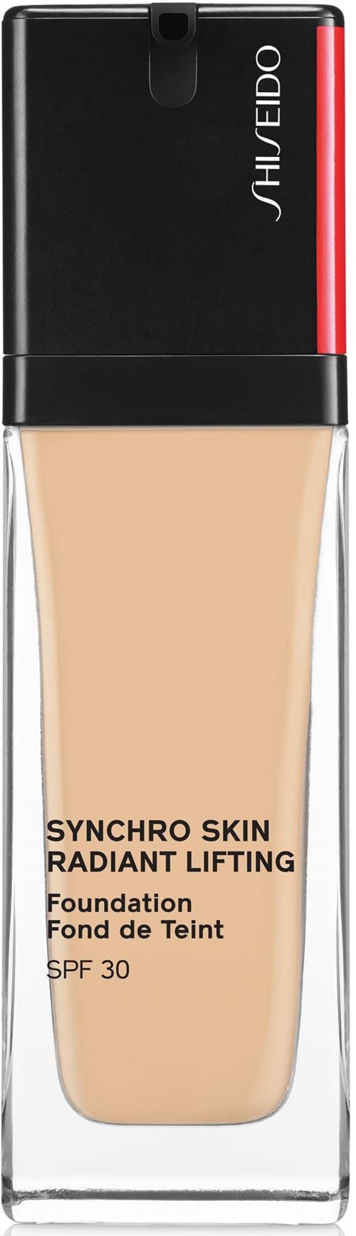 Meikkivoides pullo, jossa lukee 'Synchro Skin Radiant Lifting' ja SPF 30, musta ja punainen korkki.