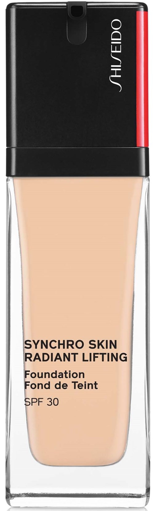 Meikkiflaska, jossa on SPF 30, Shiseido-merkkinen, nimeltä Synchro Skin, Radiant Lifting ja Foundation. Läpikuultavassa pullossa on musta ja punainen kansi.